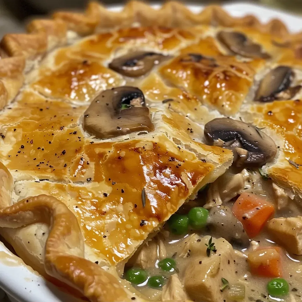 A close-up side view of a Chicken and Mushroom Pot Pie, showcasing a golden-brown crust.