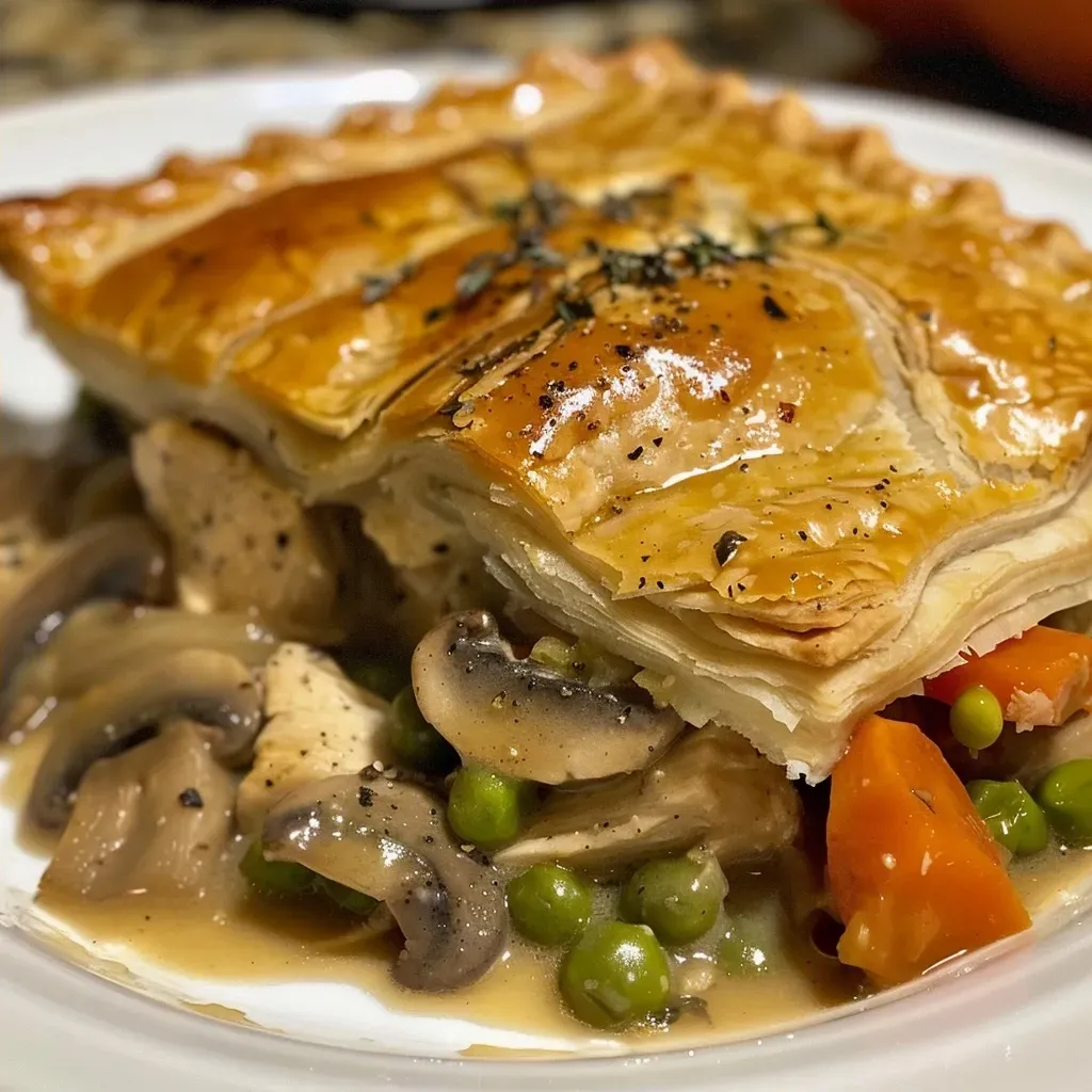 Juicy Chicken and Mushroom Pot Pie with a flaky crust and visible filling, photographed from the side.