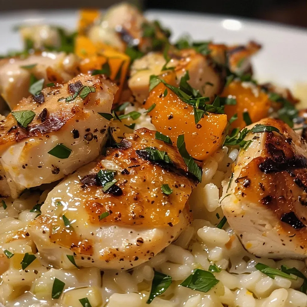 Close-up view of a bowl of chicken and pumpkin risotto, showcasing its creamy texture and vibrant colors.