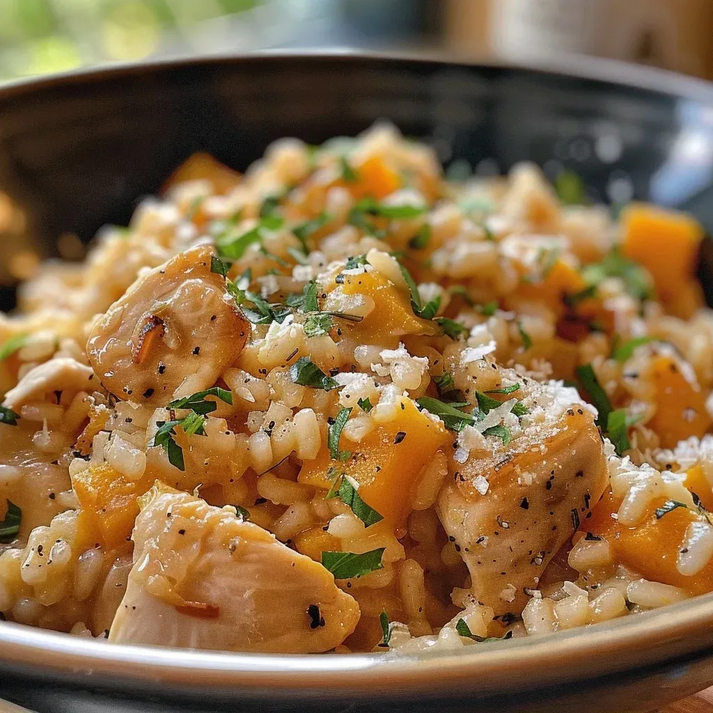 Side angle of a hearty chicken and pumpkin risotto, highlighting the tender chicken pieces and bright orange pumpkin.