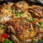 Close-up side view of a delicious Chicken and Rice Casserole with vegetables.