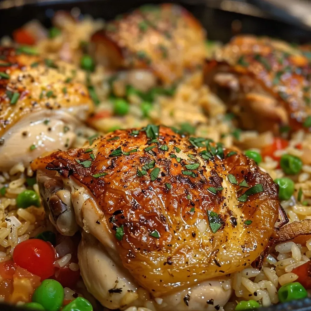 Close-up side view of a delicious Chicken and Rice Casserole with vegetables.