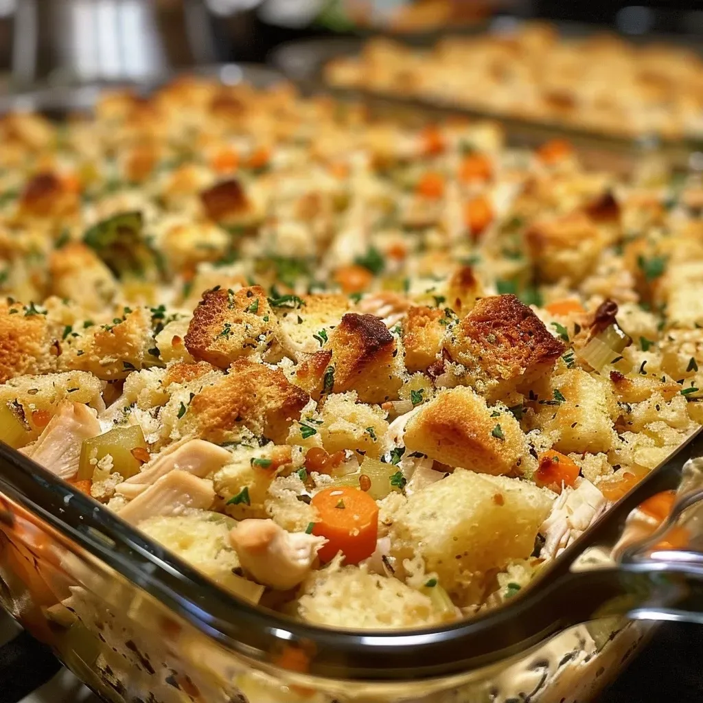 Close-up view of a Chicken and Stuffing Casserole, showcasing golden-brown stuffing atop juicy cooked chicken.