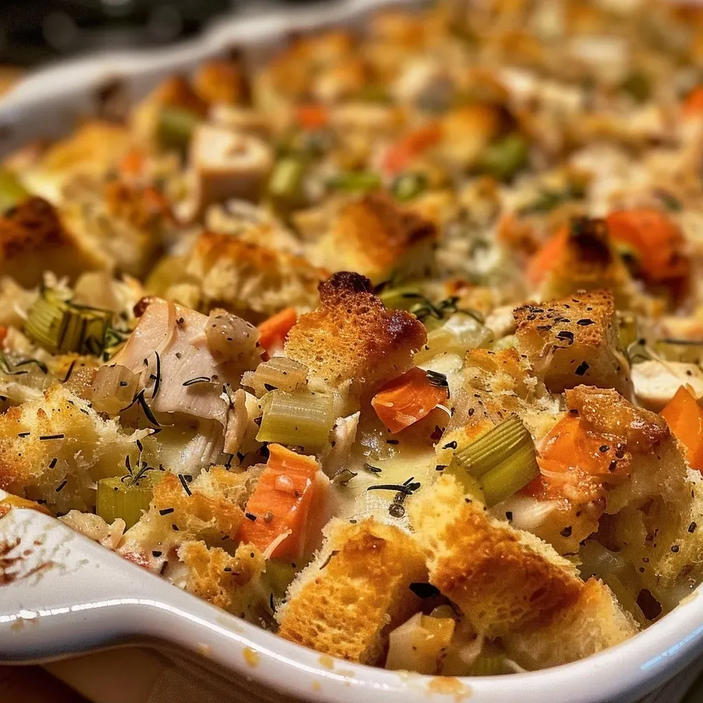 Side view of a Chicken and Stuffing Casserole with visible layers of chicken, veggies, and stuffing.