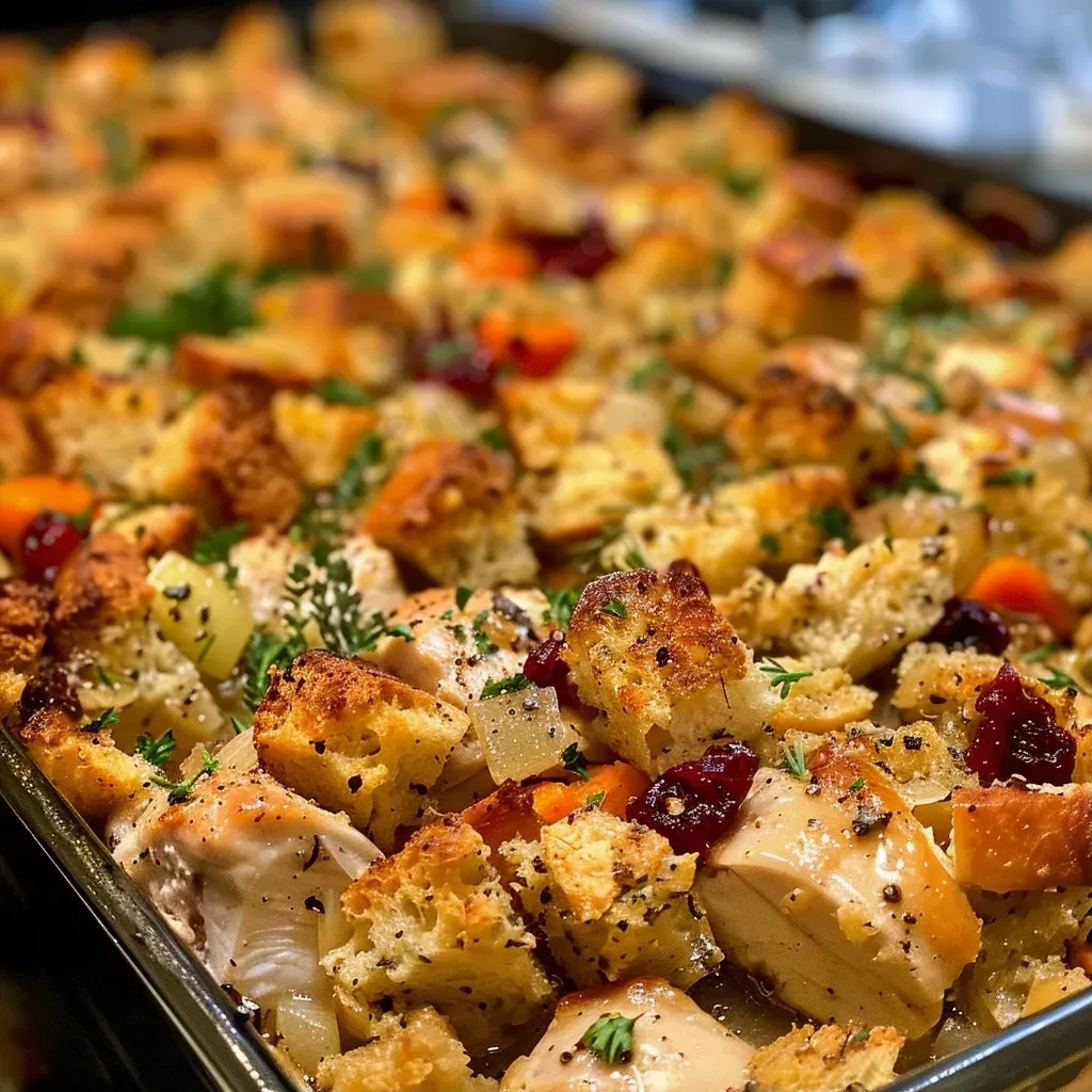 Juicy chicken chunks and stuffing mixed with cranberry sauce, seen from the side.