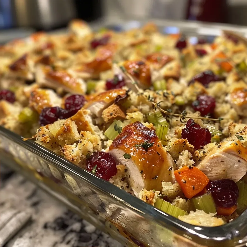 A close-up view of Chicken and Stuffing Oven Bake showing its rich texture and ingredients.