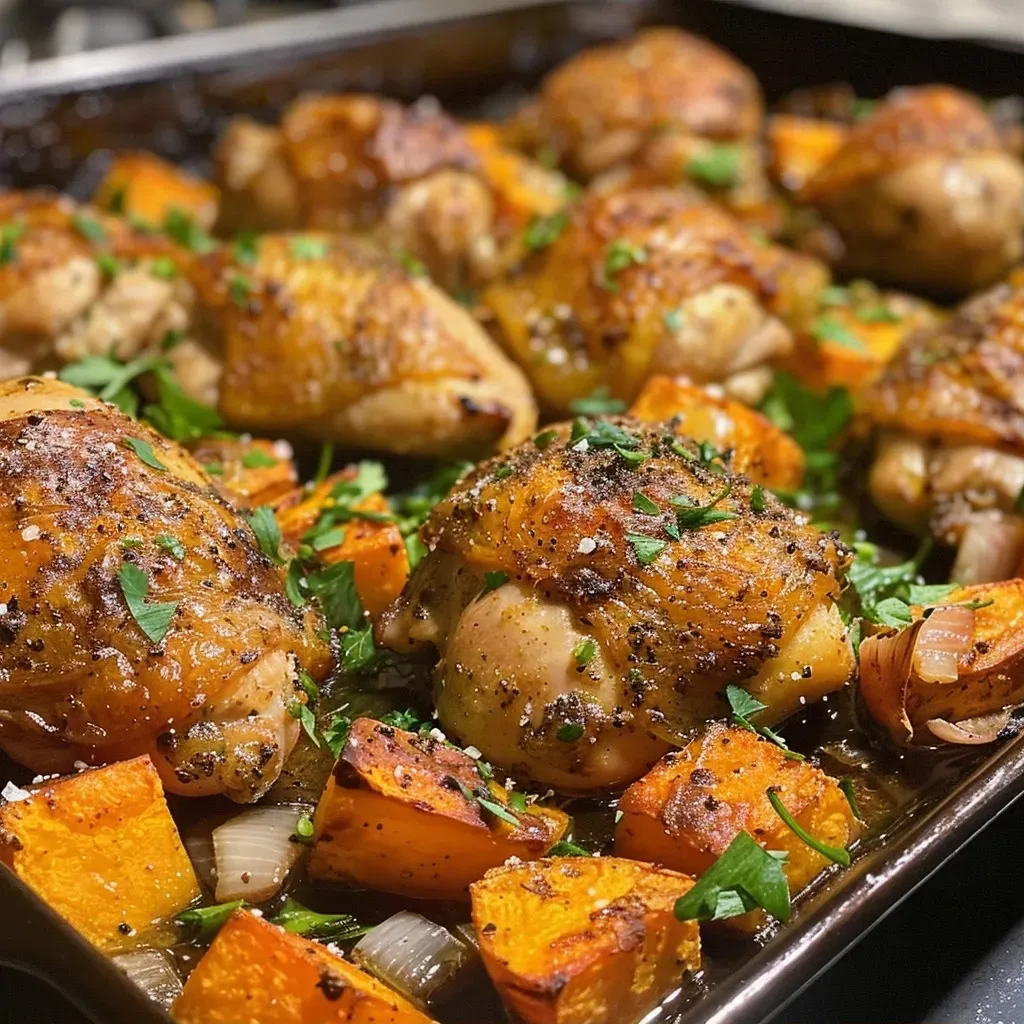 A close-up side view of a Chicken and Sweet Potato Casserole, highlighting the juicy chicken pieces and vibrant orange sweet potatoes.