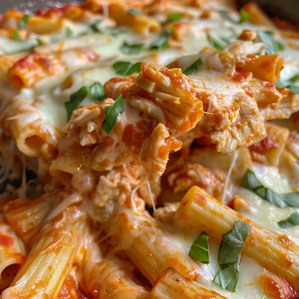 Side view of a cheesy Chicken Baked Ziti dish with golden melted cheese and chunks of chicken.