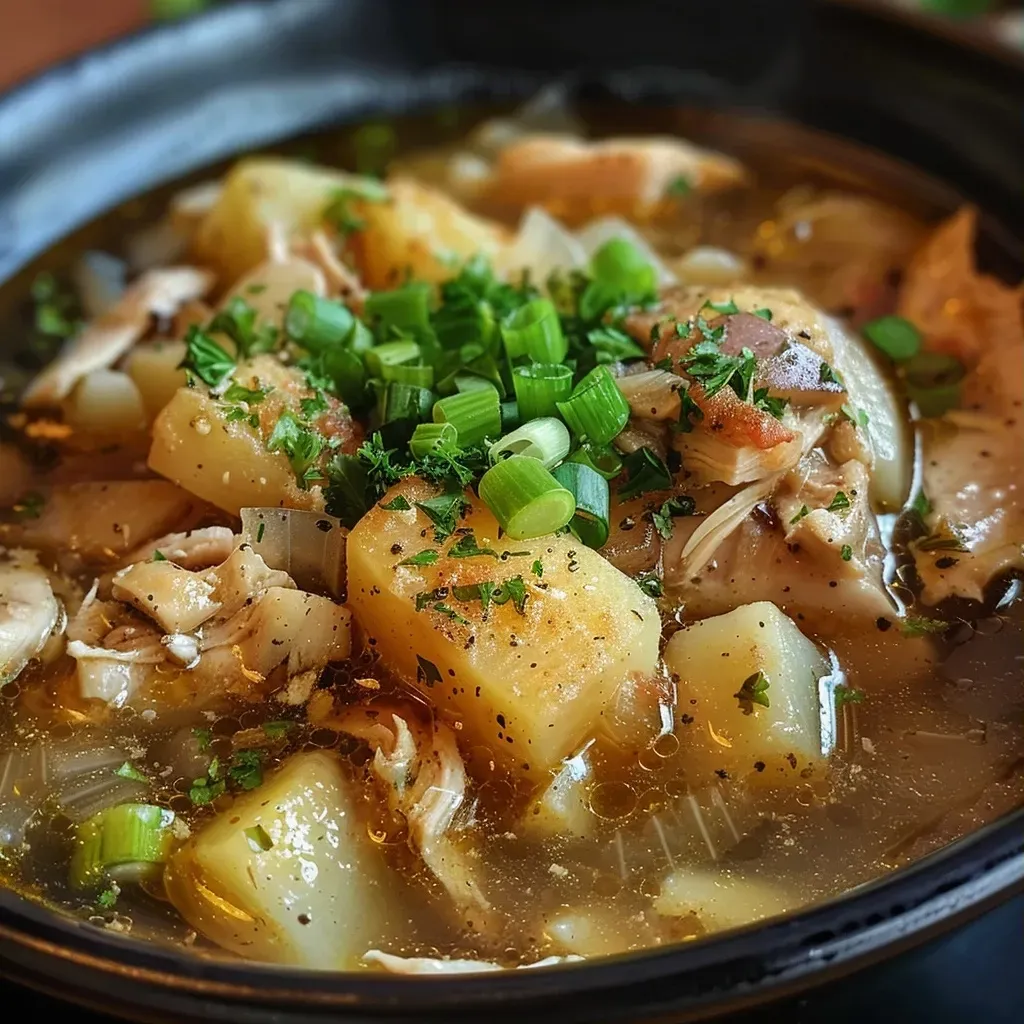 A close-up view of Chicken Bone Broth Soup in a bowl, showcasing ingredients like chicken, potatoes, and garlic.