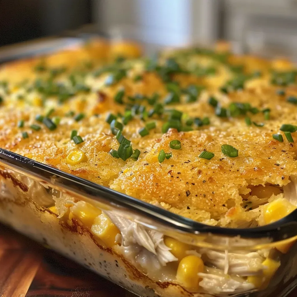 Close-up view of a slice of Chicken Cornbread Casserole with a golden crust.