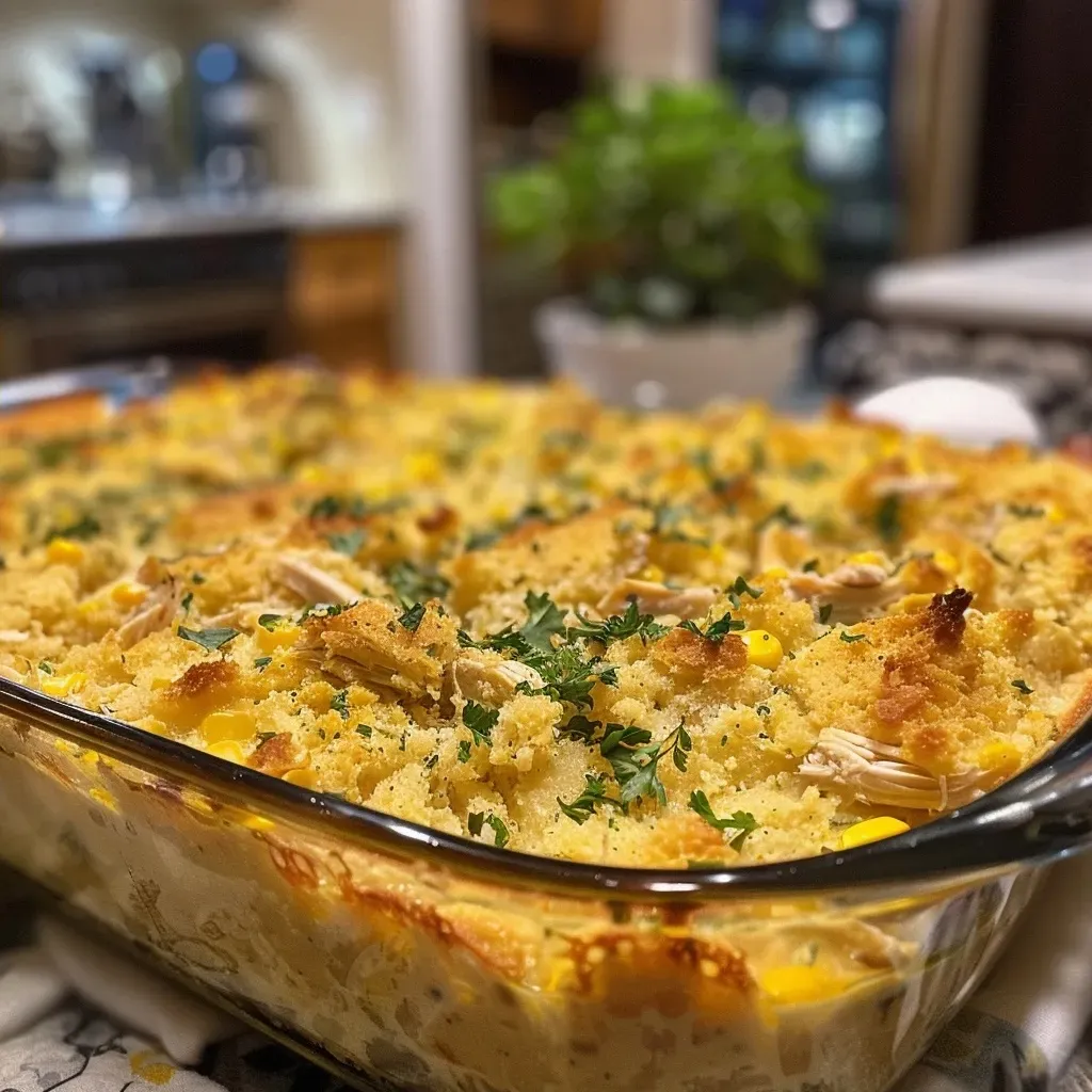 Side view of a juicy Chicken Cornbread Casserole on a plate, highlighting the cornbread topping.