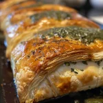 Close-up of a juicy Chicken En Croute, showcasing golden puff pastry and tender chicken.
