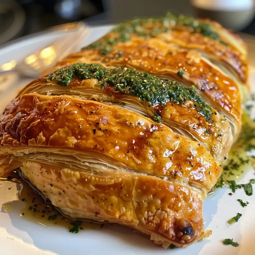 Detailed side view of a Chicken En Croute dish, highlighting flaky pastry crust and creamy filling.