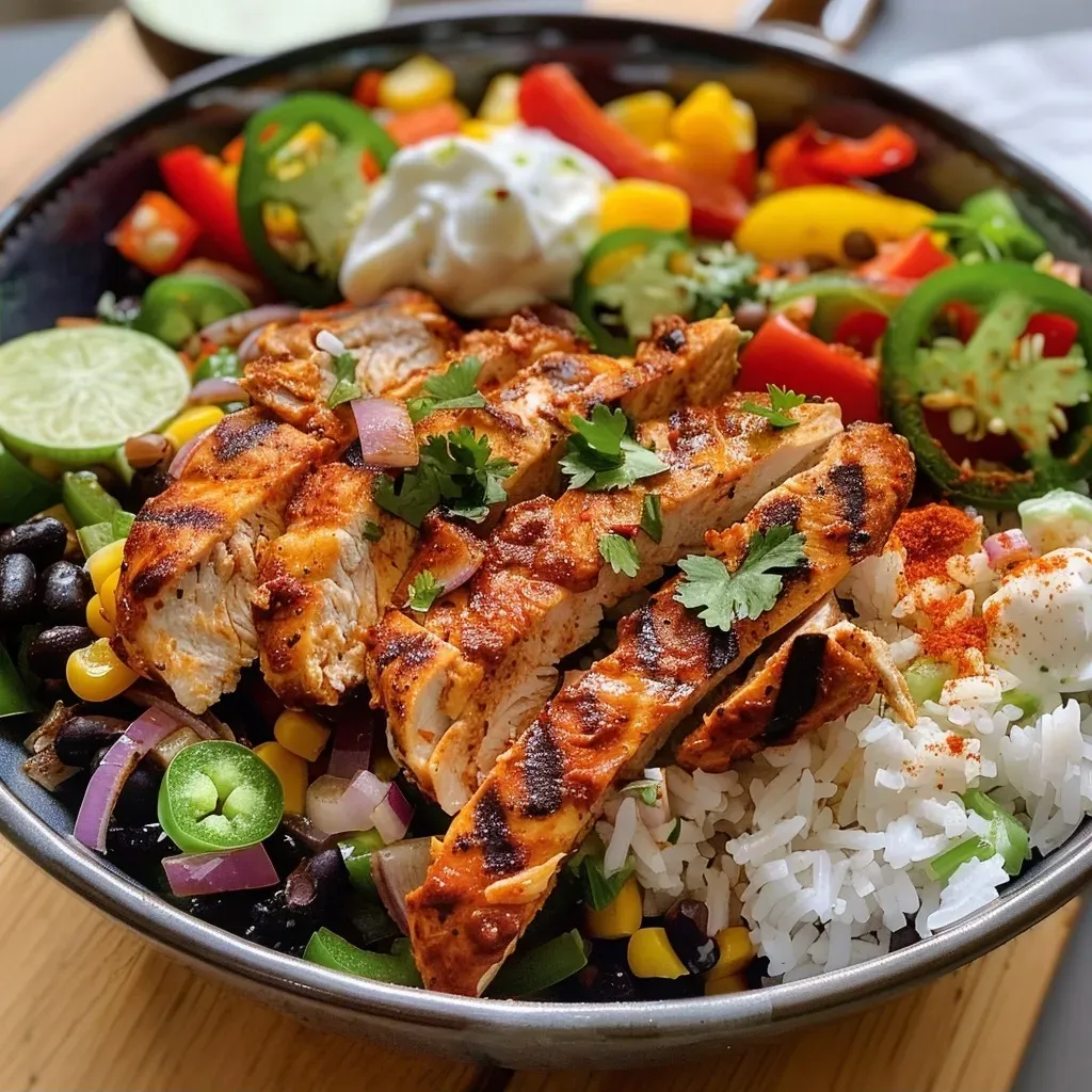 A vibrant Chicken Fajita Bowl with sliced chicken, black beans, corn, and fresh toppings.