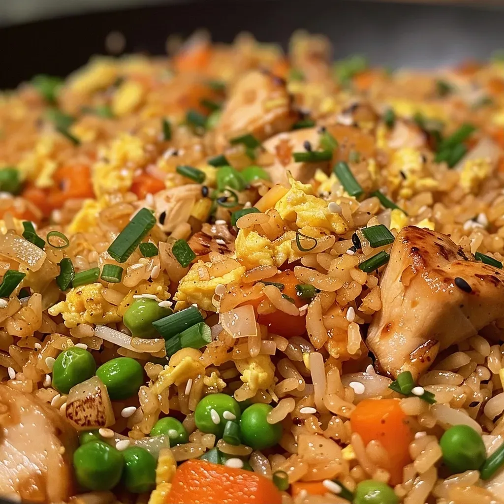 Close-up view of juicy Chicken Fried Rice, showcasing the vibrant colors of chicken, vegetables, and rice.