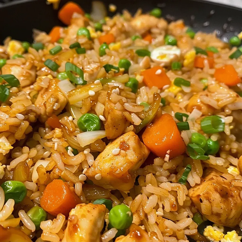 Side view of a plate of Chicken Fried Rice, highlighting succulent chicken pieces and bright vegetables.