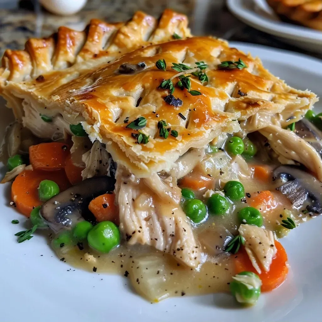 A close-up side view of a Chicken Mushroom Pot Pie with a golden crust, filled with chicken and vegetables.