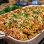Close-up view of a delicious Chicken Pasta Bake in a ceramic dish.