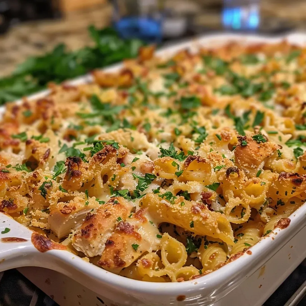 Close-up view of a delicious Chicken Pasta Bake in a ceramic dish.