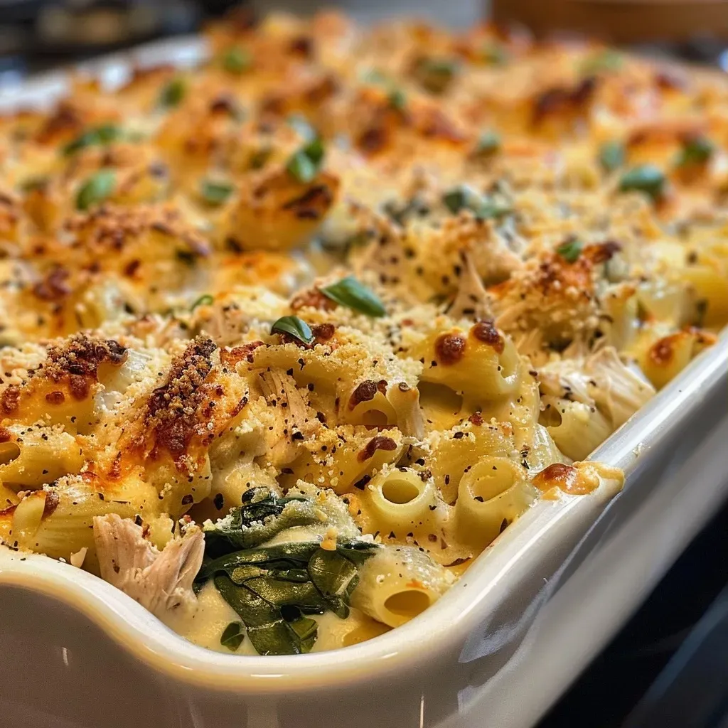Close-up view of a Chicken Pasta Bake with pasta, chicken, and melted cheese.