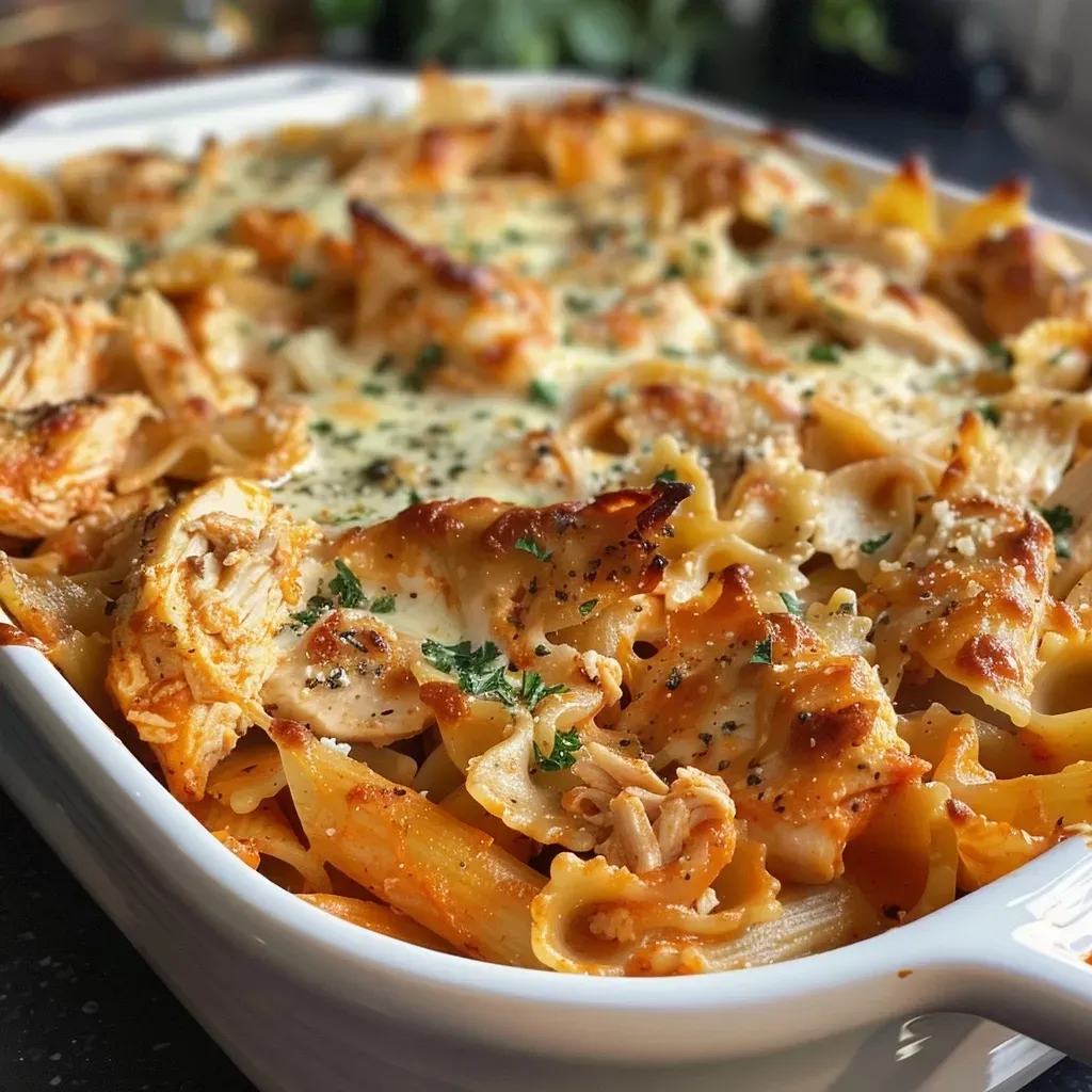 Side view of a cheesy Chicken Pasta Bake with golden-brown top and creamy layers.