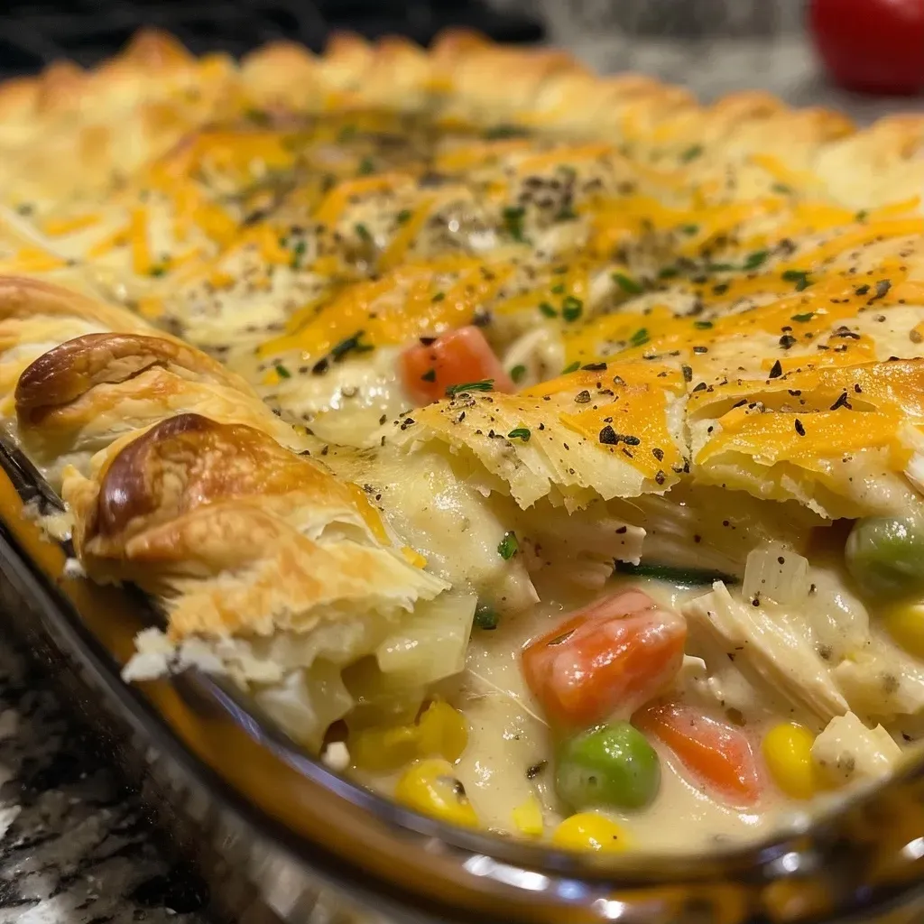 Close-up view of a Chicken Pot Pie Casserole topped with golden crescent rolls.