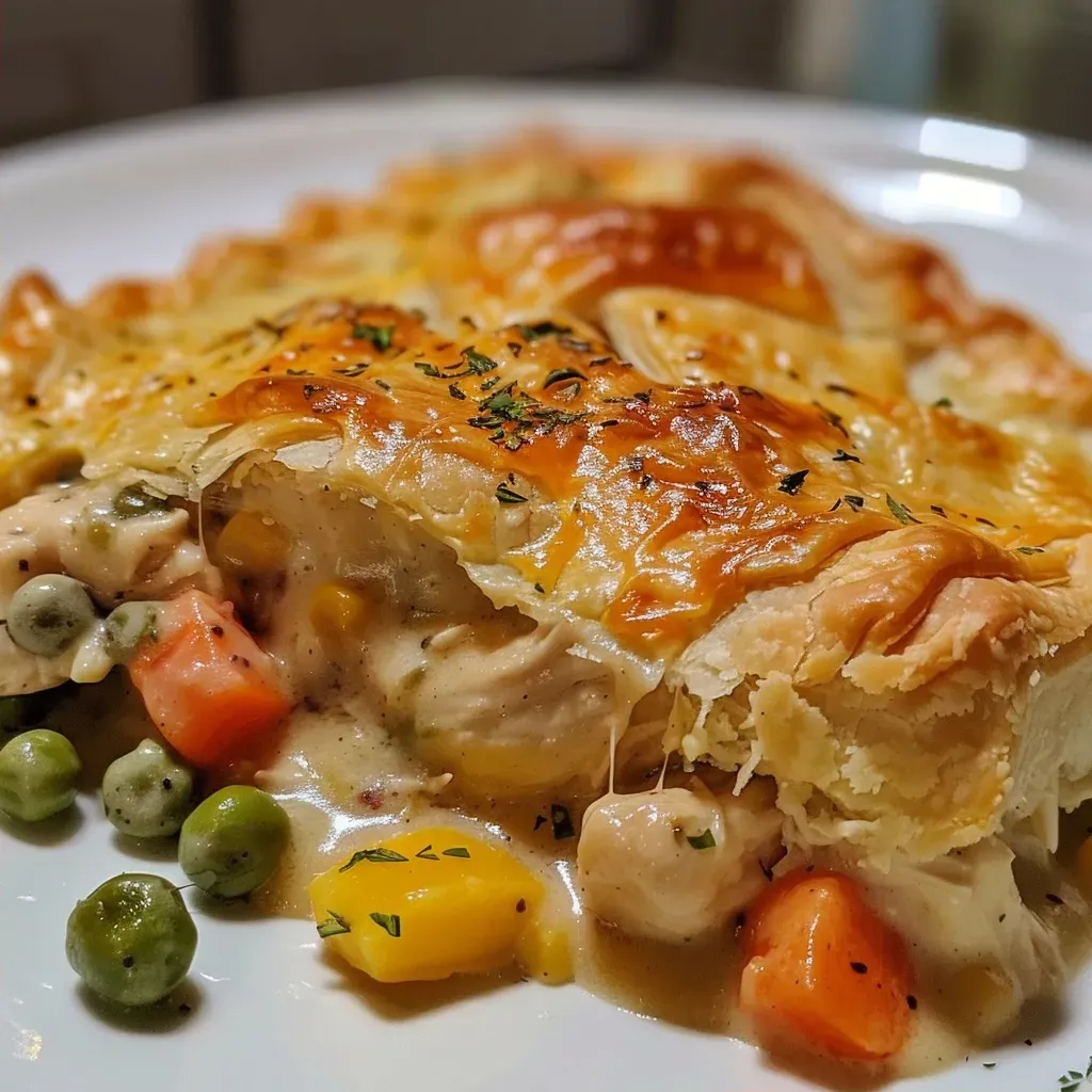 Side angle of a Chicken Pot Pie Casserole, featuring a golden biscuit crust.