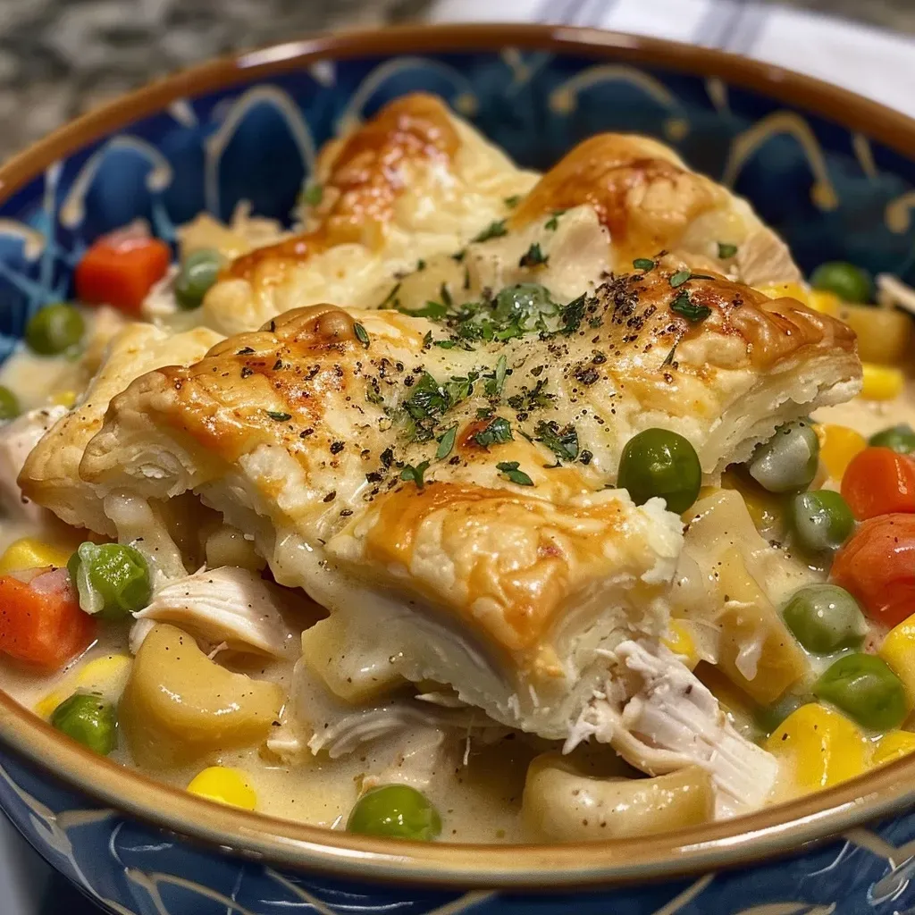 A close-up side view of a juicy chicken pot pie with a flaky crust.