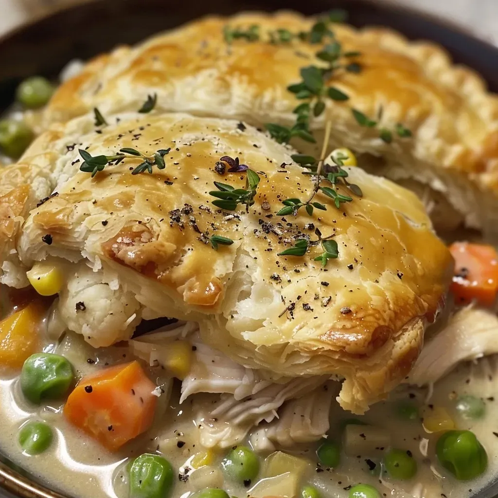A detailed shot of a golden-brown chicken pot pie filled with chicken and vegetables.