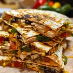 Close-up of a juicy chicken quesadilla with melted cheese and colorful vegetables.