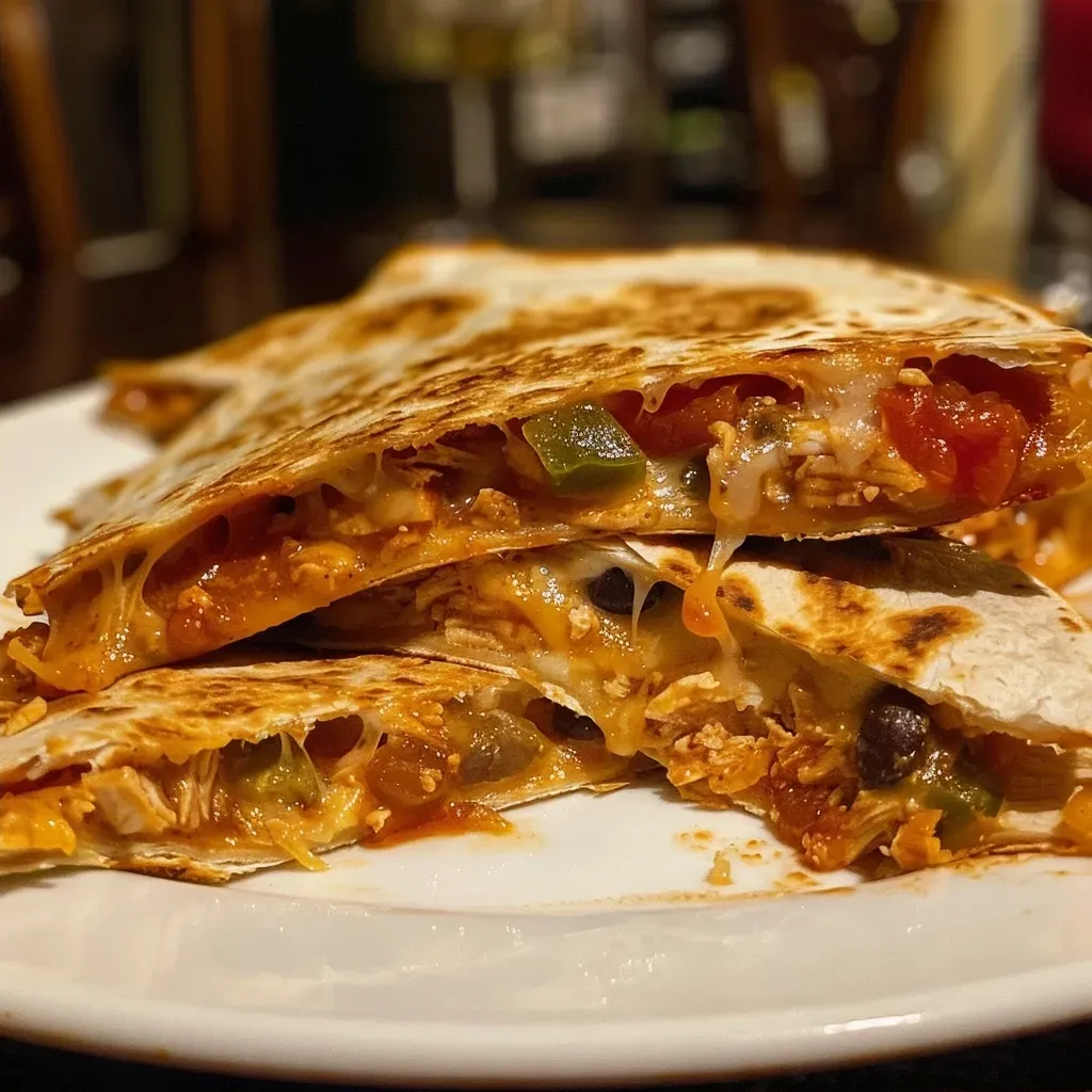 Side view of a chicken quesadilla filled with shredded chicken, cheese, and bell peppers.