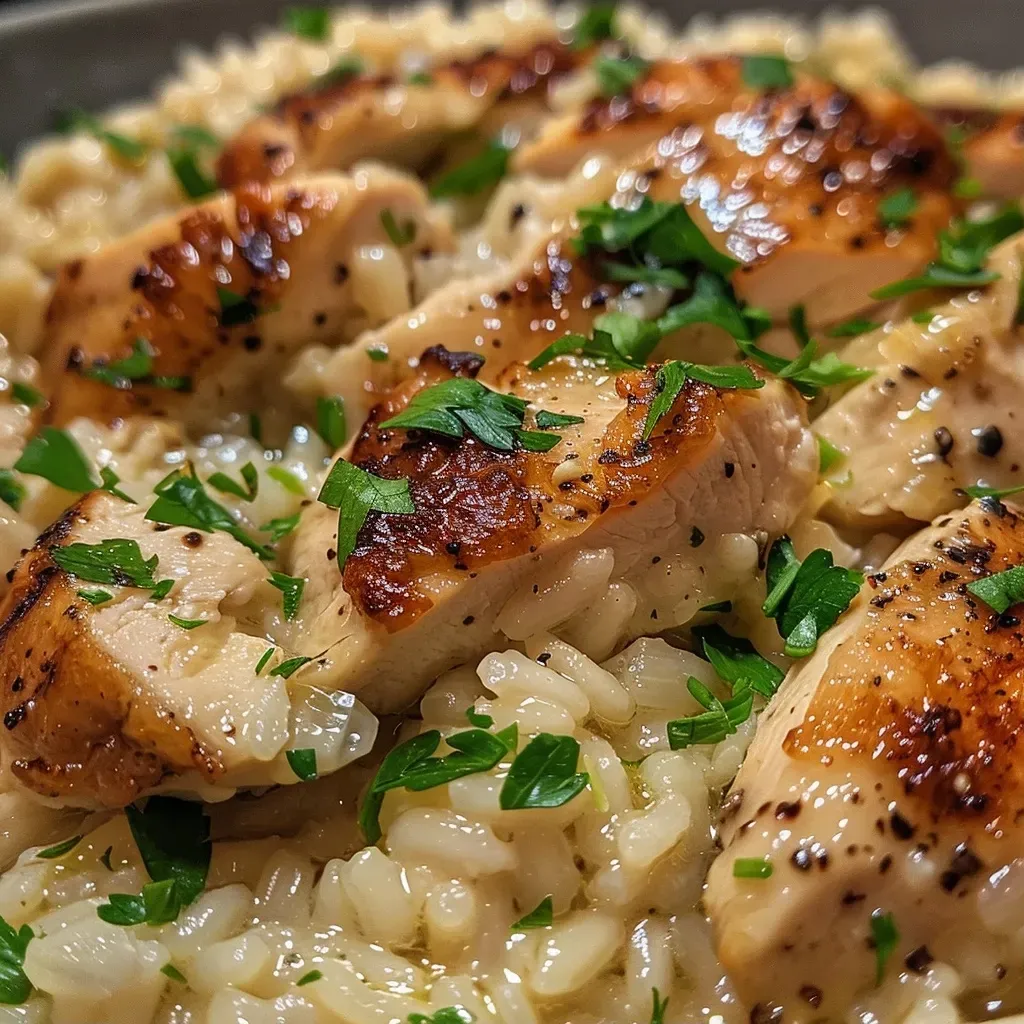 Close-up view of a creamy Chicken Risotto dish with diced chicken and herbs.