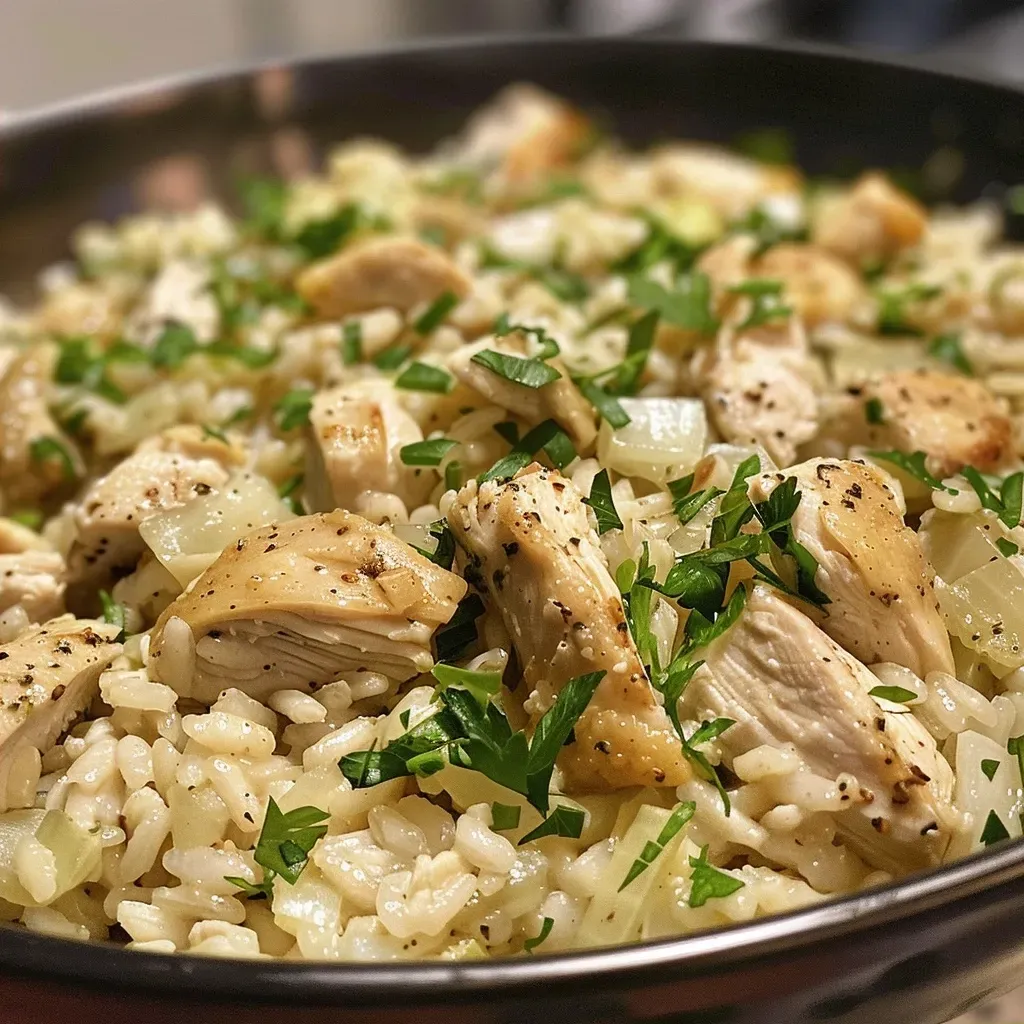 Side view of a bowl filled with rich Chicken Risotto, garnished with parsley.