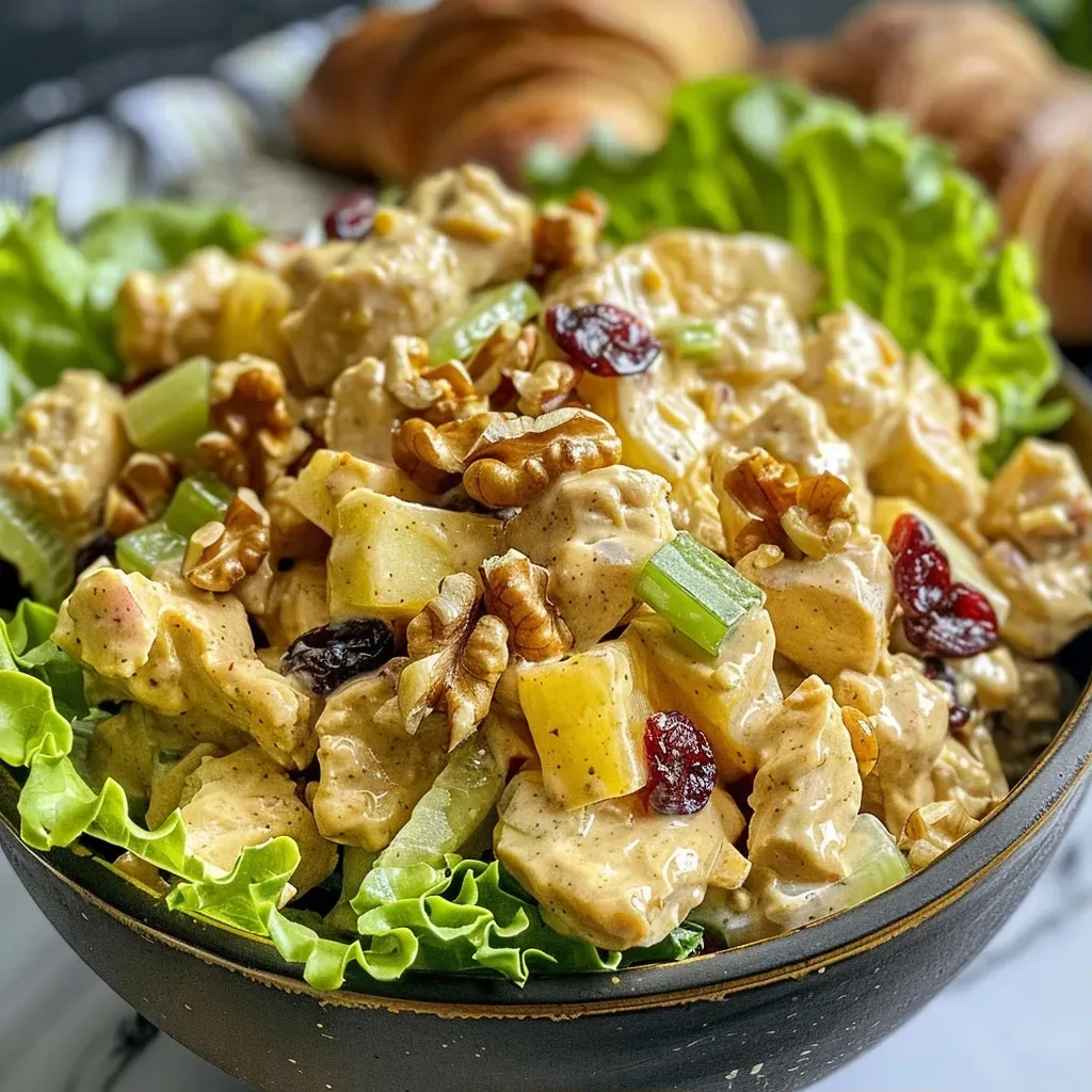 A close-up view of a vibrant chopped chicken salad with mixed greens and colorful vegetables.