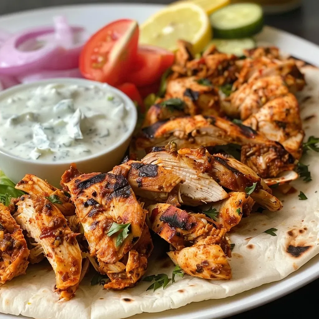 Side view of a chicken shawarma wrap with colorful vegetables and creamy sauce.