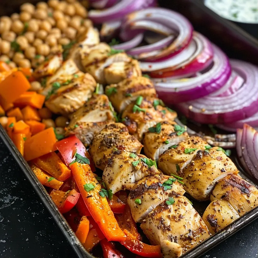 Close-up of a colorful Chicken Shawarma Sheet Pan Dinner with vibrant vegetables.