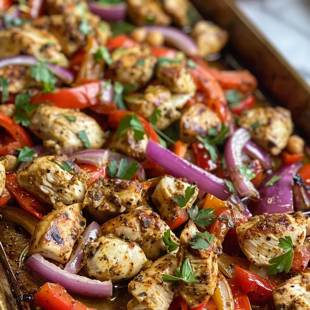 Side view of juicy chicken thighs and roasted vegetables on a sheet pan, served with tzatziki.