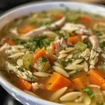 Close-up of a bowl of Chicken Soup with Lemon and Orzo, showing vibrant vegetables and herbs.