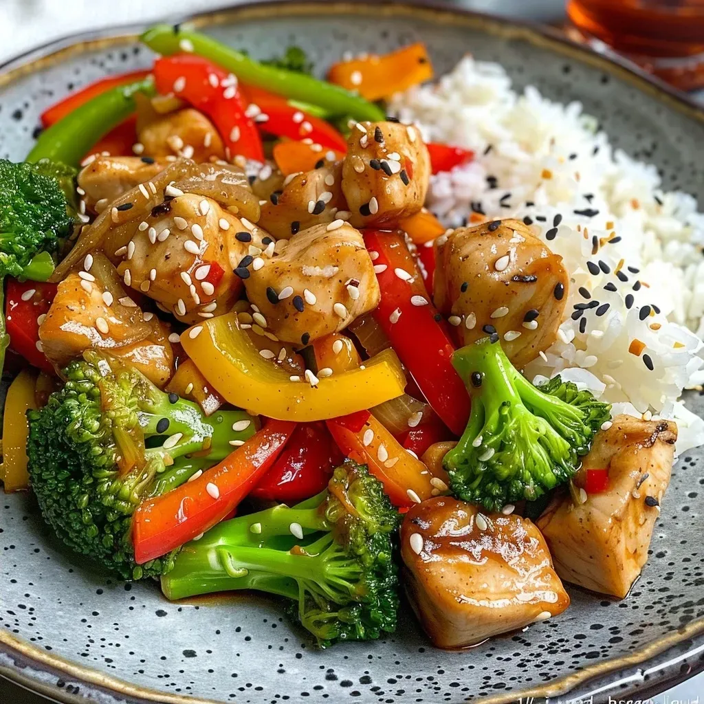 Tender chicken and vegetables stir-fried in a vibrant dish.