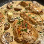 A close-up view of a plate of Chicken Stroganoff with tender chicken and creamy sauce.