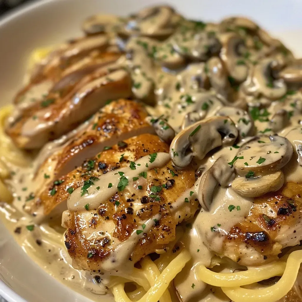 Juicy Chicken Stroganoff featuring sliced mushrooms and a rich, smooth sauce.