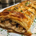 Close-up view of a golden-brown Chicken Wellington on a wooden cutting board.