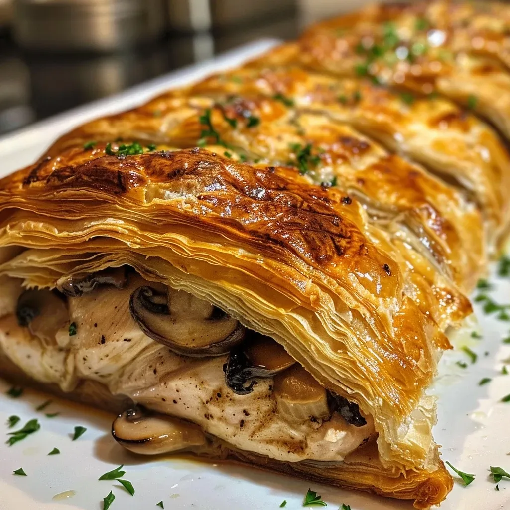 Close-up view of a golden-brown Chicken Wellington on a wooden cutting board.