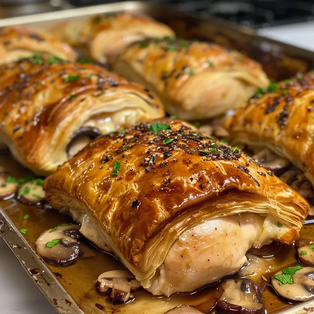 Side view of a flaky Chicken Wellington with visible mushroom and chicken filling.