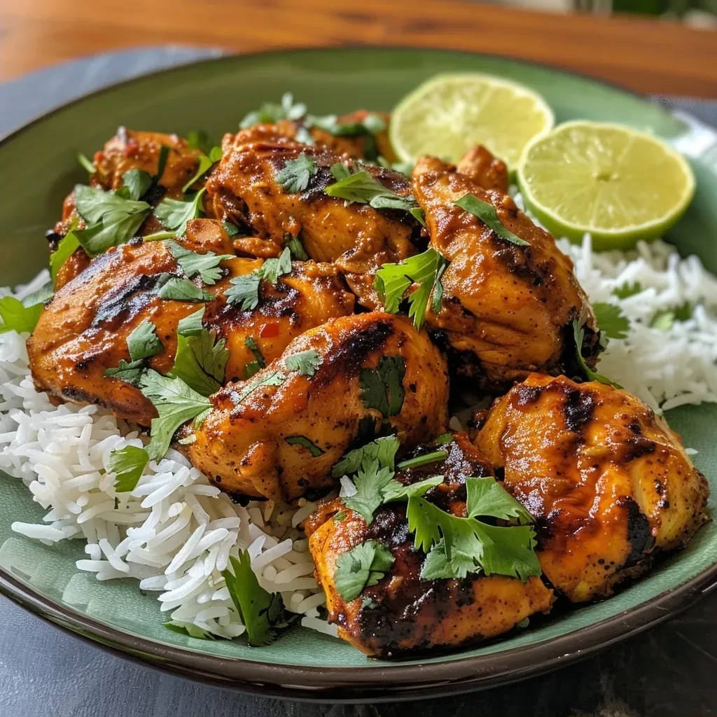Side view of tender chicken breasts marinated in chili and lime, served with rice.