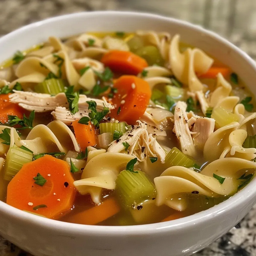 Close-up view of steaming Classic Chicken Noodle Soup in a bowl, showcasing chunks of chicken, vegetables, and noodles.