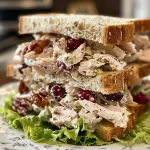 Close-up view of a creamy cranberry chicken salad tea sandwich on white bread.