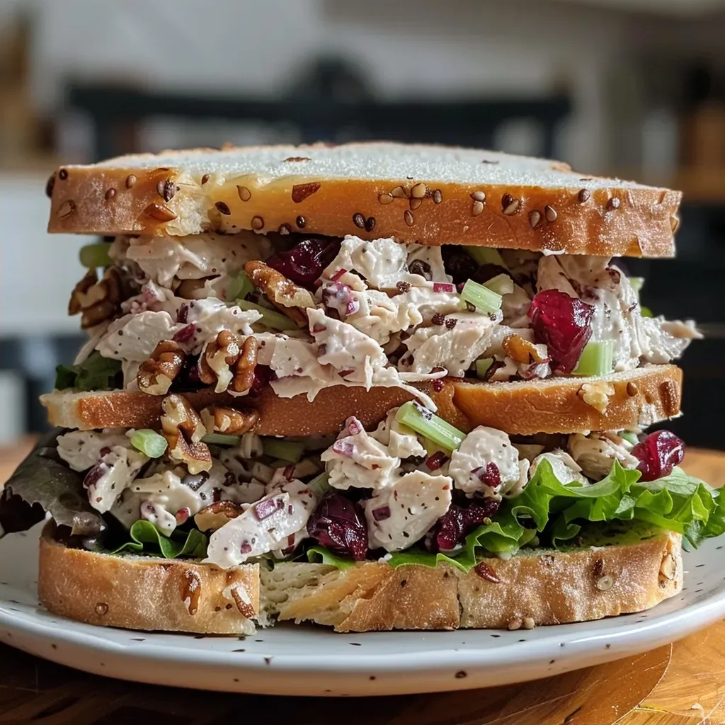 Side view of juicy cranberry chicken salad sandwich with greens on a wooden board.