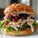 Close-up of a juicy Cranberry Chicken Sandwich on a plate.