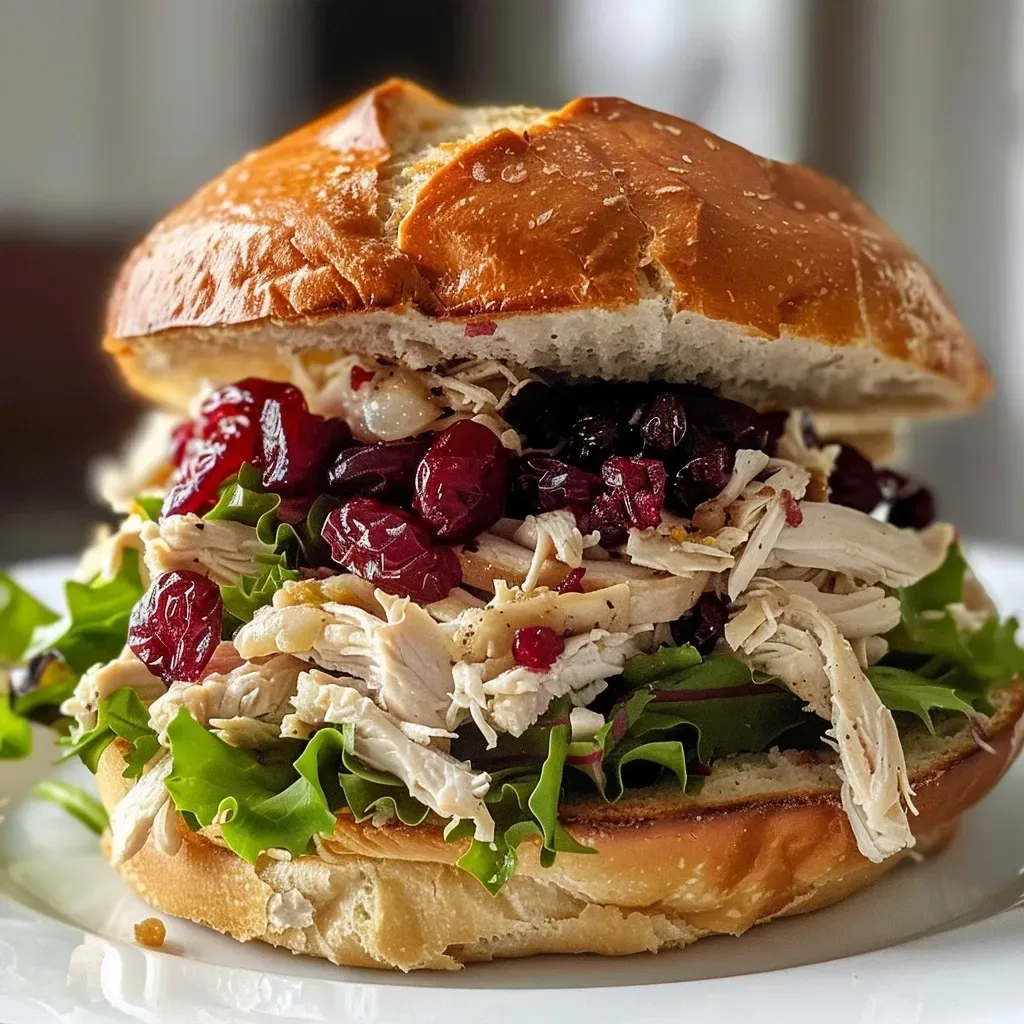 Close-up of a juicy Cranberry Chicken Sandwich on a plate.